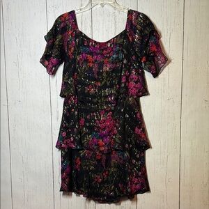 Trina Turk Tiered Ruffle Sheath Black Multicolor Floral Dress Size Small
